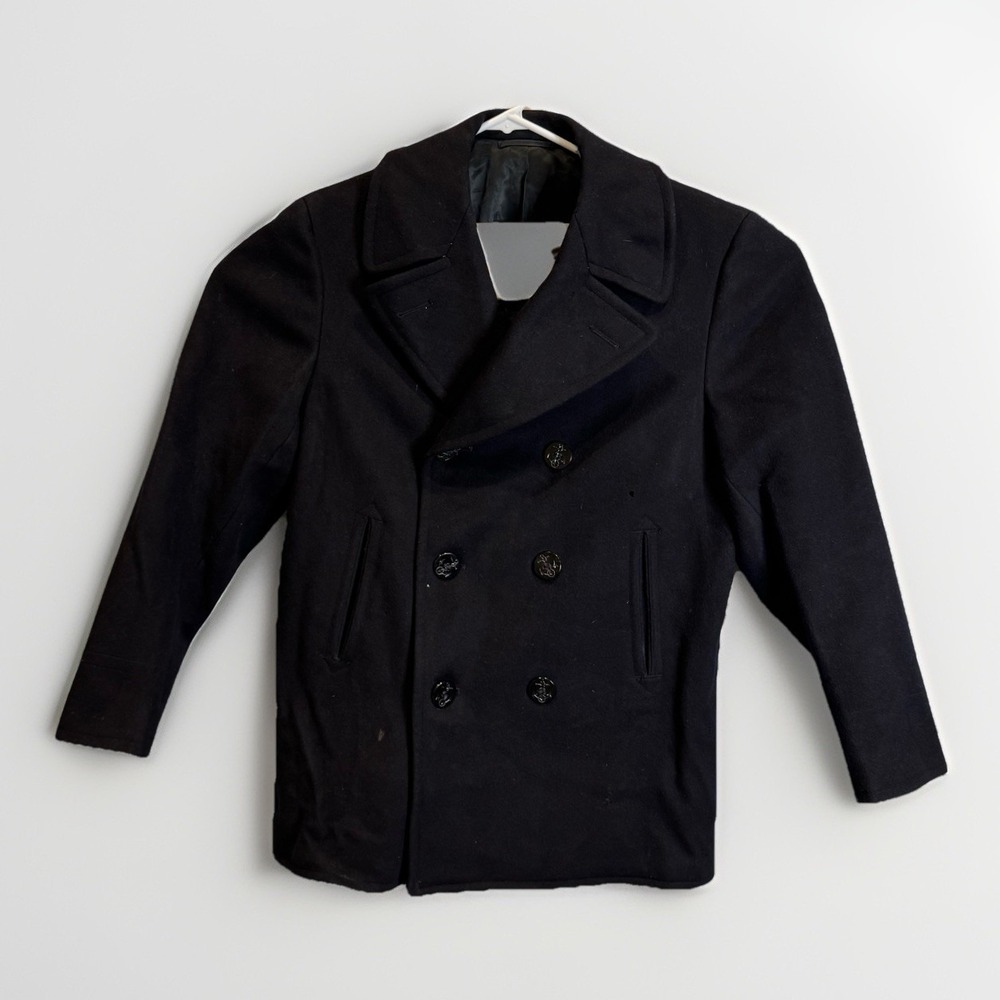 US Navy Pea Coat 40R Black Double-breasted 100% Kersey Wool Corduroy Pockets VTG